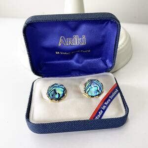 Vintage Ariki 22 Carat Gold Plate Paua Shell Clip Earrings New Zealand Abalone